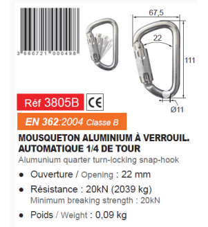 Mousqueton 1/4 de tour automatique ouverture 22 mm EN362