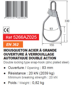 Crochet  mousqueton acier à grande ouverture 83 mm EN362