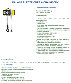 Palan électrique YALE CPV à chaîne 250kg à 2 tonnes 400V tri