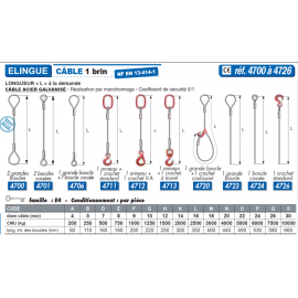 Elingue câble 1brin 1 anneau+1 crochet standard à linguet