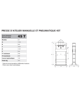 Presse d'atelier manuelle et pneumatique DRAKKAR 45 tonnes 