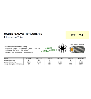 Câble acier galvanisé 6 torons de 7 fils âme textile