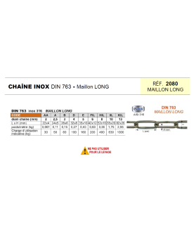 Chaîne INOX 316 maillon long Norme DIN 763