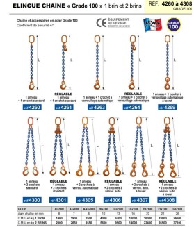 Elingue chaine réglable Grade 100 avec crochets à verrouillage automatique