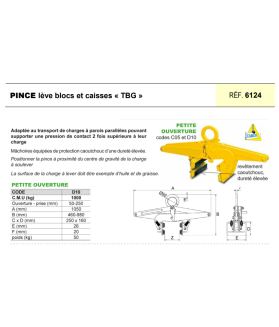 Pince lève blocs de pierre, béton ou caisses TBG petite ouverture