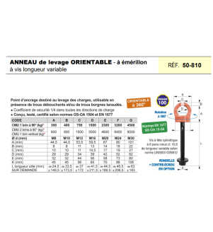 Anneau de levage orientable à vis long. variable à émérillon GRADE 100