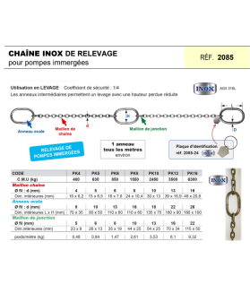 Chaîne inox de relevage pour pompes immergées